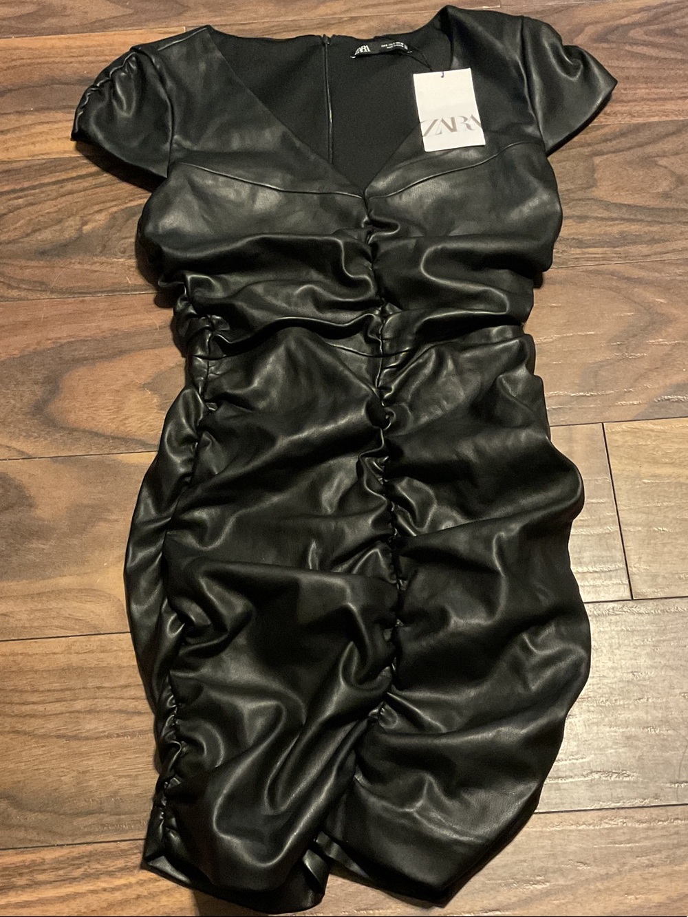 ZARA Black Faux-Leather Ruched V-Neck Mini Dress